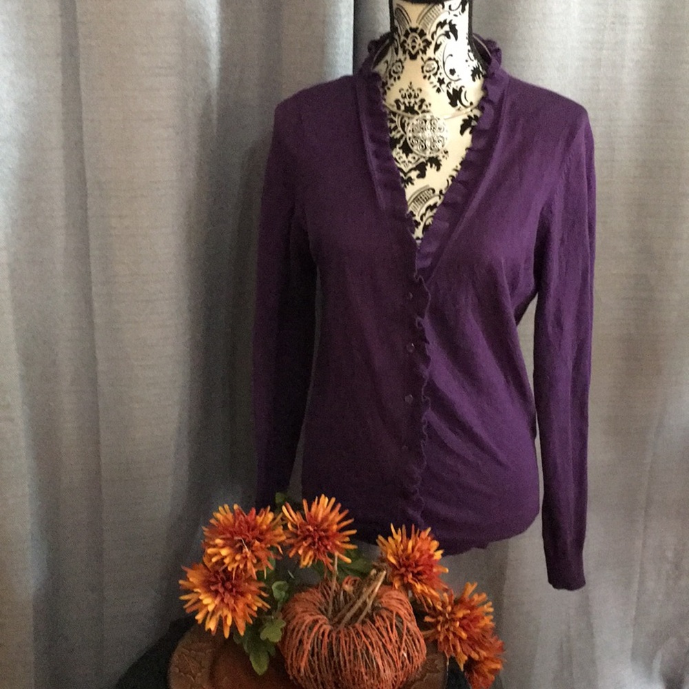Purple knit  LOFT  ruffle sweater 💯Cotton .
